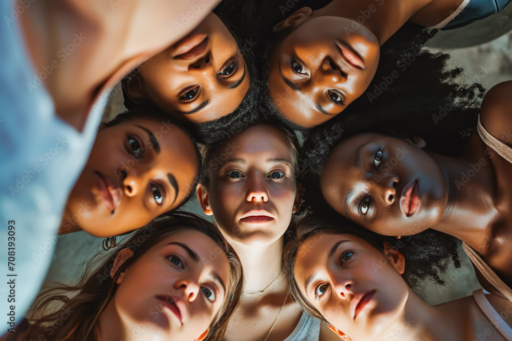 Multi ethnic group of woman looking up, top down view, only heads visible. The image illustrates the equality of race among women. Multi ethnic group of woman looking up, top down view, only heads visible. The image illustrates the equality of race among women.