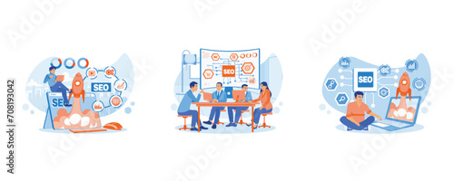 Company leaders and the marketing team are meeting in a conference room. Startups and digital marketing. SEO rocket hologram flying from the laptop screen. set Flat vector illustration. © berkah design
