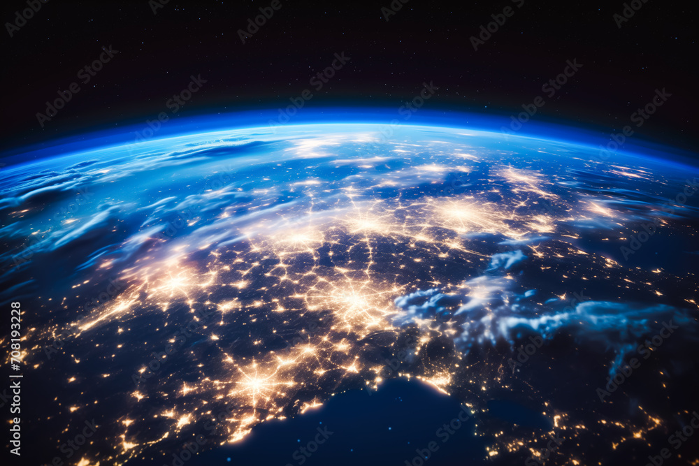 Fototapeta premium Planet earth from space with lights visible. Vision of sunrise over the earth visible from space. city lights visible on the continents.