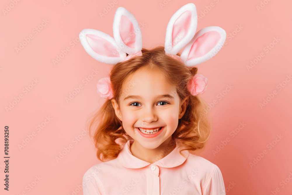 Portrait of a little girl with bunny ears with easter eggs. Pink background. Easter child portrait, funny emotions, surprise.