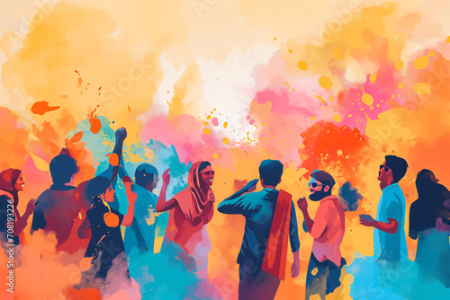 People celebrating for holi festival of color in nepal , india illustration design. They are very happy that it is the festival of colors.
