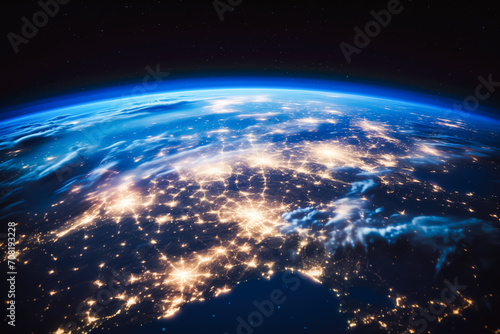 Planet earth from space with lights visible. Vision of sunrise over the earth visible from space. city lights visible on the continents.