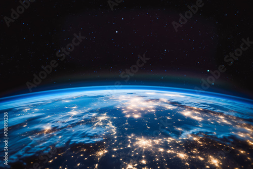 Planet earth from space with lights visible. Vision of sunrise over the earth visible from space. city lights visible on the continents. photo