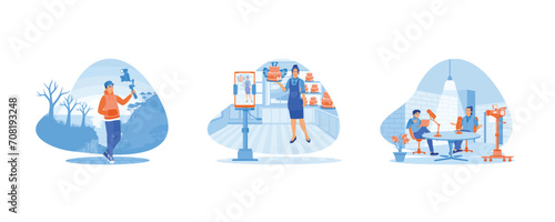 Male vlogger travels in the forest. A young woman making a birthday cake in the kitchen.  Content creators broadcast live on social media. set flat vector illustration.