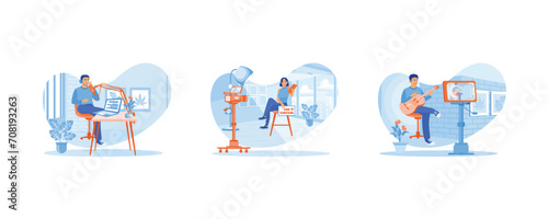 Content Creator concept. A female vlogger is recording video at home using a professional camera. Young man creates content playing guitar. set flat vector illustration.