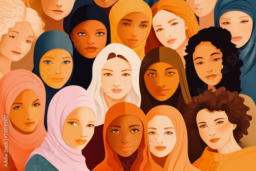 Women's Equality Day, Girls power, diversity, feminism, concept with diverse women faces.
