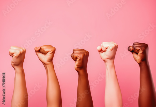 Women rising fists on pink background. Only hands. The picture illustrates the equality of women in different races.