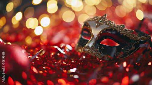 Venetian masks on red glitter shiny streamers on abstract defocused bokeh lights