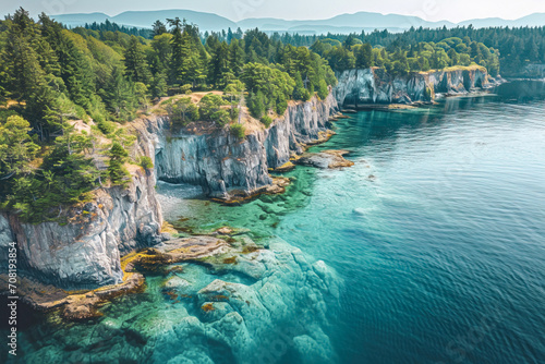 Aerial panoramic drone photograph of a rocky coast line in the pacific ocean with clear blue water and rocky cliff with trees