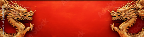 Chinese new year banner with copy space featuring dragons, cherry blossom and traditional lantern