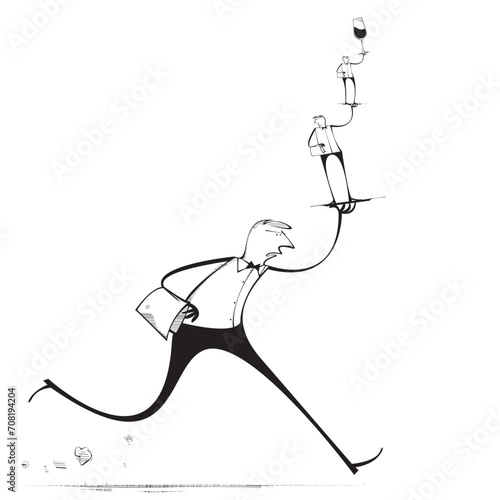 Waiter carrying smaller waiters and wine