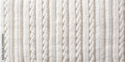 Closeup of a white knitted carpet with a warm detailed yarn texture Made of cashmere beige wool rese close up on cozy texture detail.  photo