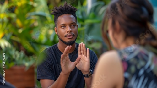 Couple talking in a garden or at a restaurant terrace, handsome black man using body language to express himself with his hands up, describing or miming something, kindly looking at a caucasian woman