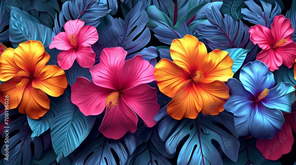 Tropical Flowers Tileable Pattern created with Generative AI Technology, ai, generative Tropical Flowers Tileable Pattern created with Generative AI Technology, ai, generative