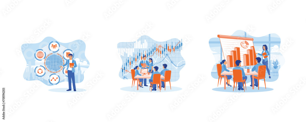 Cheerful little girl celebrating success. analysis evaluation.  Analyze business financial reports. set flat vector illustration.