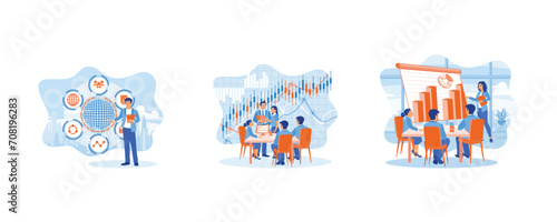 Cheerful little girl celebrating success. analysis evaluation. Analyze business financial reports. set flat vector illustration.