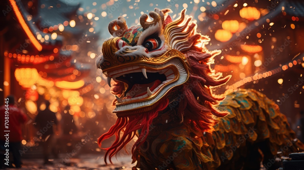 A Festive Tapestry: China's Lunar New Year Extravaganza, the lively Lion Dance, cute Chinese traditions, and the jubilant atmosphere of the Dragon Year festivities. 