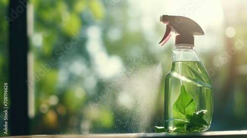 Closeup of a glass spray bottle filled with homemade vinegarbased window cleaner. photo