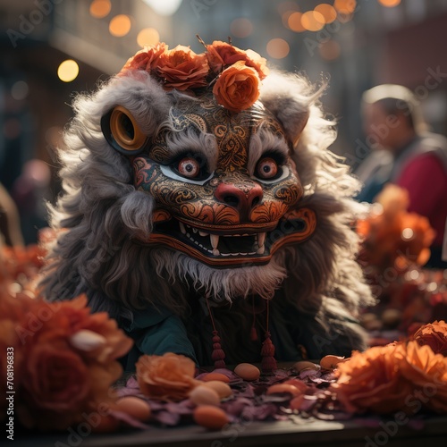 A Festive Tapestry: China's Lunar New Year Extravaganza, the lively Lion Dance, cute Chinese traditions, and the jubilant atmosphere of the Dragon Year festivities. 