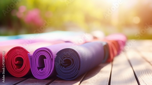 Closeup of a row of yoga mats, arranged in a peaceful outdoor space, ready for a morning yoga session to start the day off on a peaceful note. photo