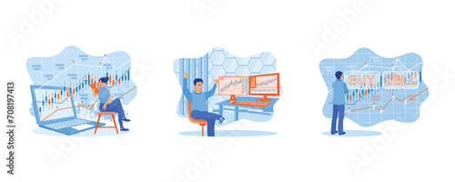 Broker investors analyze indexes.  Stock Trading. Analyze trading charts with sell or buy options. set flat vector illustration.