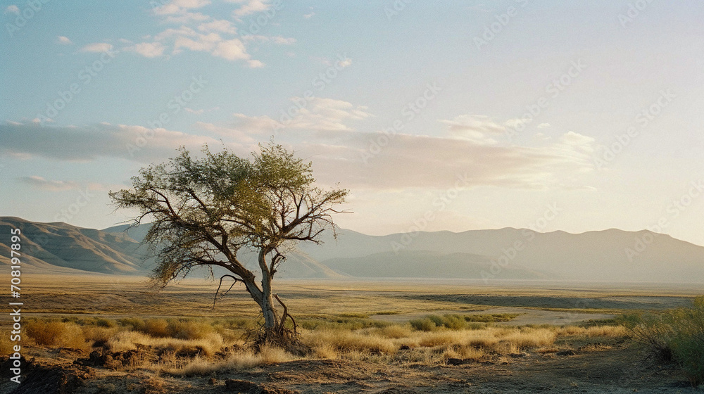 Obraz premium AI-Generated Minimalist Landscape with Tree and Mountains