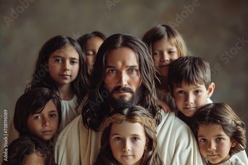 Welcoming studio portrait of a figure representing Jesus Christ with children, symbolizing innocence and purity, isolated on a pastoral background