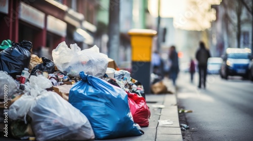 Closeup of a pile of trash on a city sidewalk, highlighting the challenge of managing waste and garbage in densely populated urban areas.
