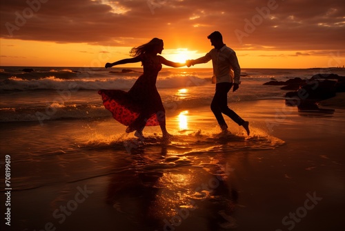 Sunset Romance. Couple mesmerizing dance embraces the sea, an idyllic love story unfolds