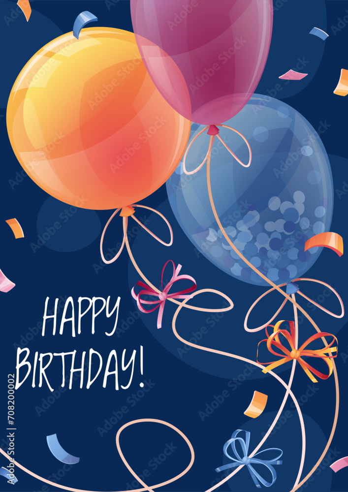 Obraz premium Birthday greeting card template. Banner, flyer with colorful balloons. Happy birthday Invitation design for holiday, anniversary, party