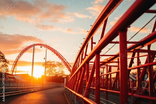 Sunset Roller Coaster Ride. Capturing the Thrilling Twists and Turns of a Roller Coaster at Sunset
