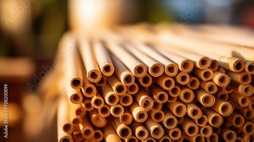 Closeup of a bundle of bamboo rods, demonstrating their versatility as a renewable and lightweight building material. photo