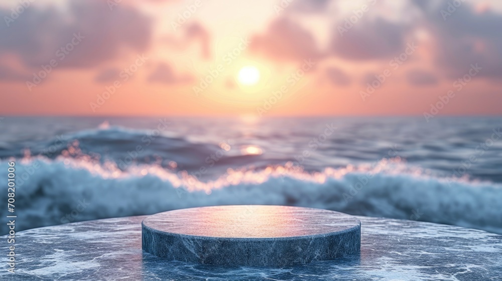 Podium in the landscape of sea wave and ocean background. Studio podium for product advertising. Stage stand. Blank podium. Display platform - obrazy, fototapety, plakaty 