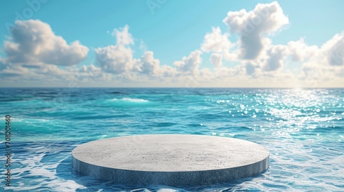 Podium in the landscape of sea wave and ocean background. Studio podium for product advertising. Stage stand. Blank podium. Display platform © megavectors