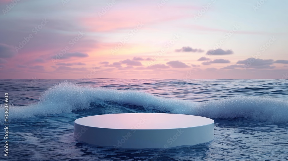Podium in the landscape of sea wave and ocean background. Studio podium for product advertising. Stage stand. Blank podium. Display platform Podium in the landscape of sea wave and ocean background. Studio podium for product advertising. Stage stand. Blank podium. Display platform