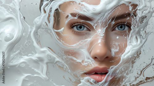 Closeup portrait of beautiful woman, white thick fluid gel paint flows down over her face