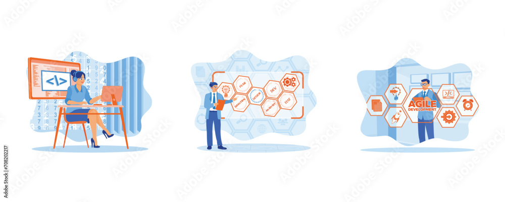 Women working in modern offices. Businessman using notebook and internet. Develop software with agile development. set flat vector illustration.