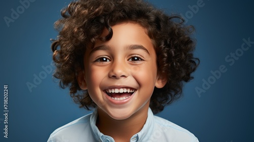Smiling white american boy with perfect teeth on blue background for ads and web design
