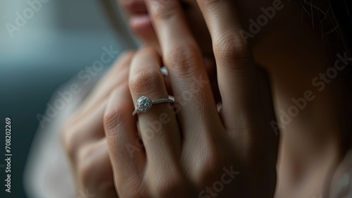 Close-up of a young woman wearing a diamond ring on her left ring finger  a gift from a marriage proposal. Happiness concept suitable for marriage