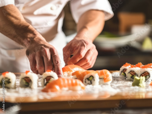 Chef preparing sushi rolls in the restaurant kitchen. Close-up of male hands.