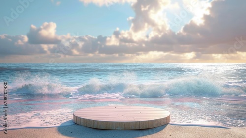 Podium in the landscape of sea wave and ocean background. Studio podium for product advertising. Stage stand. Blank podium. Display platform