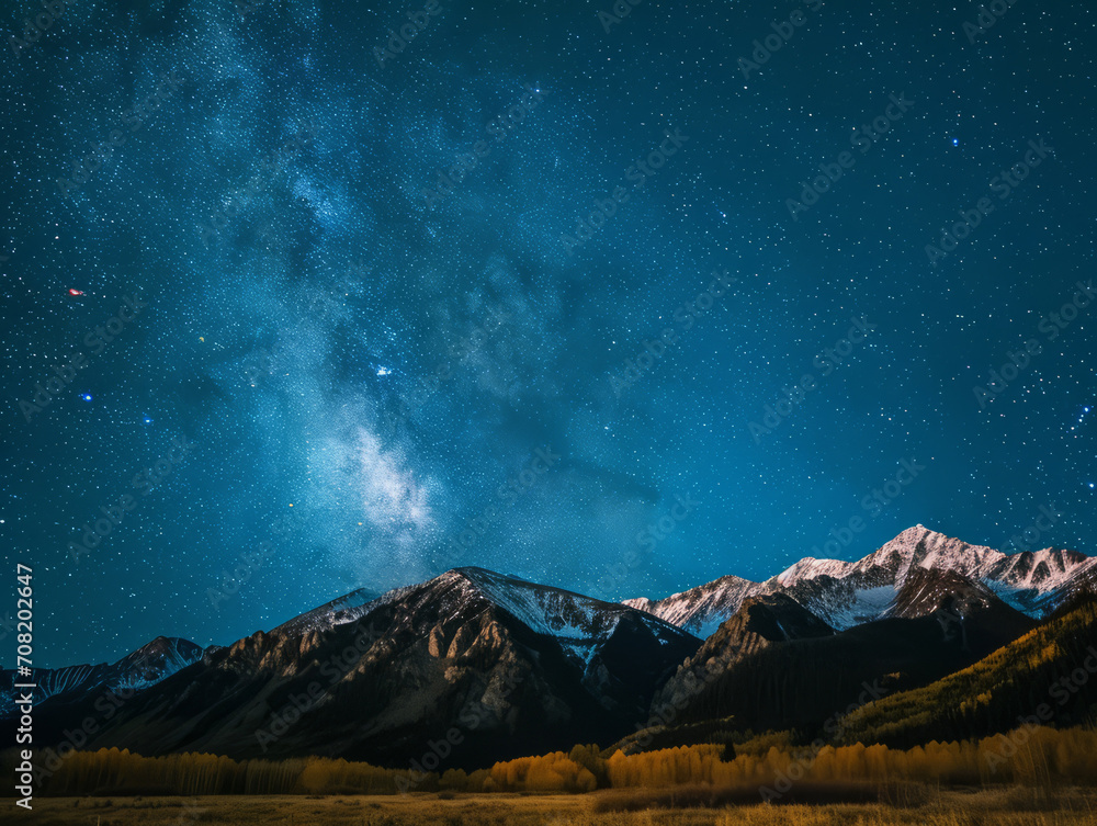 Milky way over the mountains at night with yellow and blue sky