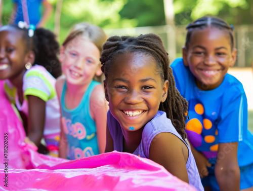 Portrait of smiling african american girl with friends on background