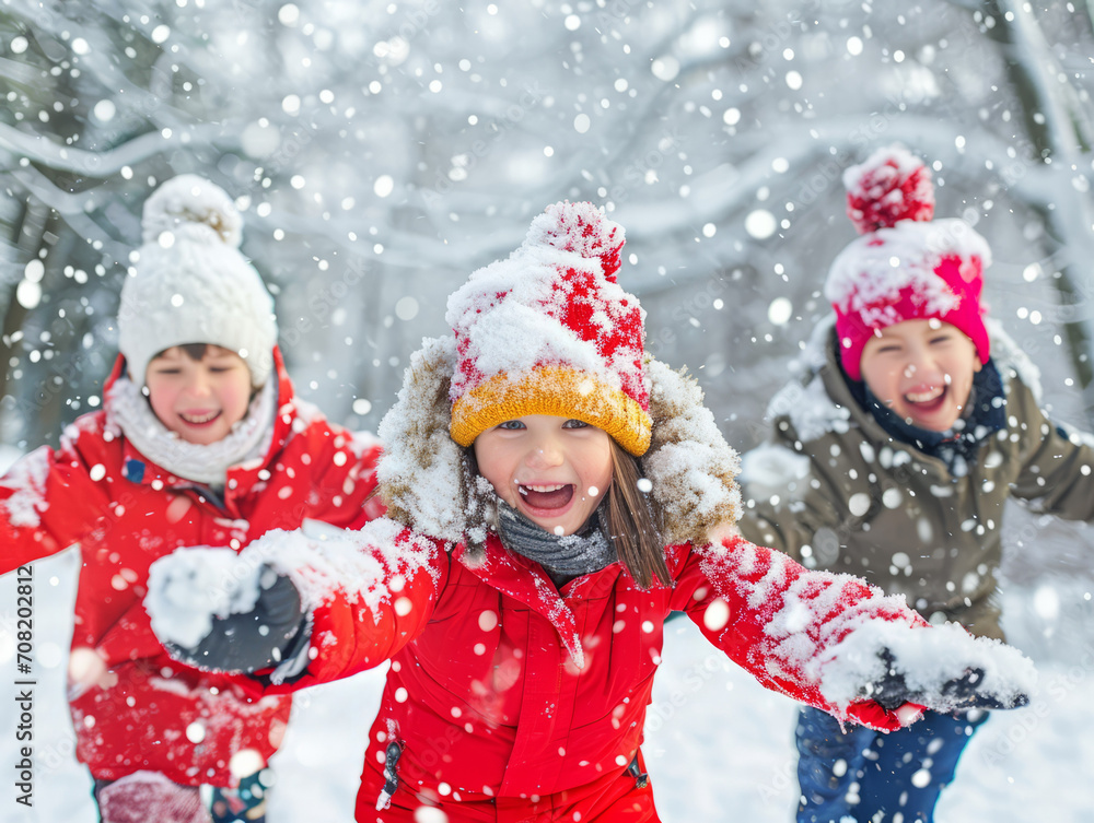 Happy children playing in winter park. Kids having fun outdoors. Winter activities for children.