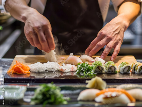 Chef making sushi at restaurant kitchen, closeup. Japanese cuisine