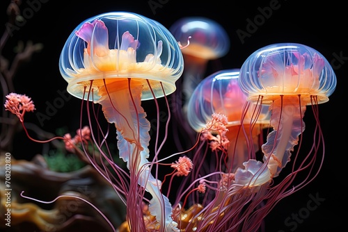 Pink Luminous Jellyfish Gliding over a Coral Reef © AI Exclusive 