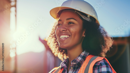 Happy black african american female construction worker, professional portrait of a tradeswoman builder, copy space photo
