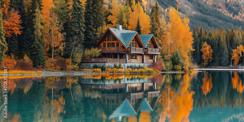 AI-Generated Image of a Beautiful Wooden House by a Canadian Forest in Autumn
