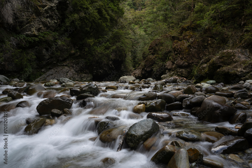 Waterfall and river in a forest in New Zealand Waterfall and river in a forest in New Zealand