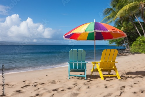 Serene Tropical Beach with Colorful Umbrella and Empty Chairs - Relaxation Getaway